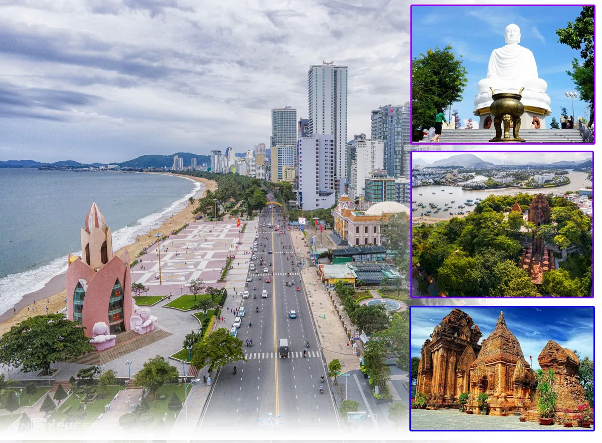 Khung cảnh quảng trường và Tháp Trầm Hương Nha Trang về đêm rực rỡ ánh đèn