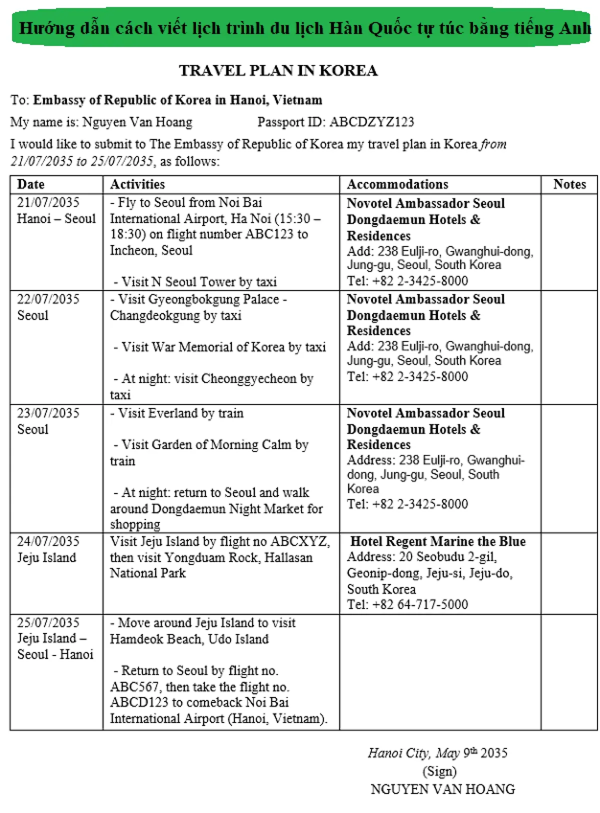Bảng gợi ý chi tiết về lịch trình khi đi hàn tự túc kéo dài 5 - 7 ngày